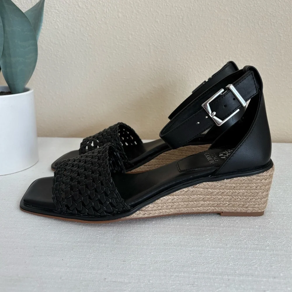 Black Woven Ankle Strap Wedge Sandals - Brand:
